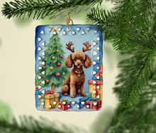 Load image into Gallery viewer, Chocolate Toy Poodle Christmas Reindeer Porcelain Ornament