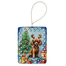 Load image into Gallery viewer, Chocolate Toy Poodle Christmas Reindeer Porcelain Ornament