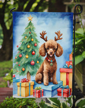 Load image into Gallery viewer, Chocolate Toy Poodle Christmas Garden Flag – Dog in Reindeer Antlers with Tree &amp; Gifts