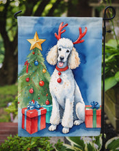 Load image into Gallery viewer, White Standard Poodle Christmas Garden Flag – Dog in Reindeer Antlers with Tree &amp; Gifts