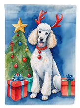 Load image into Gallery viewer, White Standard Poodle Christmas Garden Flag – Dog in Reindeer Antlers with Tree &amp; Gifts