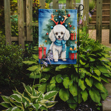 Load image into Gallery viewer, White Toy Poodle Christmas Garden Flag – Dog in Reindeer Antlers with Tree &amp; Gifts