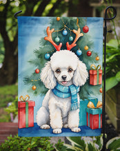 Load image into Gallery viewer, White Toy Poodle Christmas Garden Flag – Dog in Reindeer Antlers with Tree &amp; Gifts