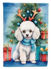 Load image into Gallery viewer, White Toy Poodle Christmas Garden Flag – Dog in Reindeer Antlers with Tree &amp; Gifts