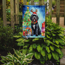 Load image into Gallery viewer, Portuguese Water Dog Christmas Garden Flag – Dog in Reindeer Antlers with Tree &amp; Gifts