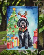 Load image into Gallery viewer, Portuguese Water Dog Christmas Garden Flag – Dog in Reindeer Antlers with Tree &amp; Gifts