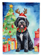 Load image into Gallery viewer, Portuguese Water Dog Christmas Garden Flag – Dog in Reindeer Antlers with Tree &amp; Gifts