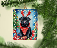 Load image into Gallery viewer, Black Pug Christmas Reindeer Porcelain Ornament