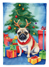Load image into Gallery viewer, Pug Christmas Garden Flag – Dog in Reindeer Antlers with Tree &amp; Gifts