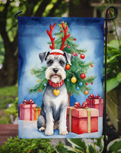 Load image into Gallery viewer, Schnauzer Christmas Garden Flag – Dog in Reindeer Antlers with Tree &amp; Gifts