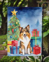 Load image into Gallery viewer, Sheltie Christmas Garden Flag – Dog in Reindeer Antlers with Tree &amp; Gifts
