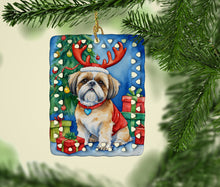 Load image into Gallery viewer, Shih Tzu Christmas Reindeer Porcelain Ornament