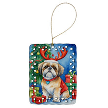 Load image into Gallery viewer, Shih Tzu Christmas Reindeer Porcelain Ornament