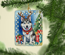 Load image into Gallery viewer, Siberian Husky Christmas Reindeer Porcelain Ornament