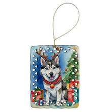 Load image into Gallery viewer, Siberian Husky Christmas Reindeer Porcelain Ornament