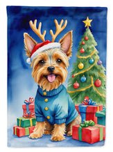 Load image into Gallery viewer, Silky Terrier Christmas Garden Flag – Dog in Reindeer Antlers with Tree &amp; Gifts