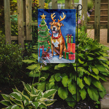 Load image into Gallery viewer, Staffordshire Bull Terrier Christmas Garden Flag – Dog in Reindeer Antlers with Tree &amp; Gifts