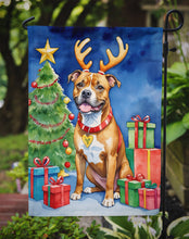 Load image into Gallery viewer, Staffordshire Bull Terrier Christmas Garden Flag – Dog in Reindeer Antlers with Tree &amp; Gifts