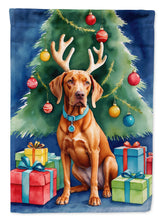 Load image into Gallery viewer, Vizsla Christmas Garden Flag – Dog in Reindeer Antlers with Tree &amp; Gifts