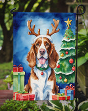 Load image into Gallery viewer, Welsh Springer Spaniel Christmas Garden Flag – Dog in Reindeer Antlers with Tree &amp; Gifts