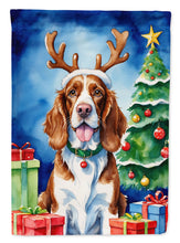 Load image into Gallery viewer, Welsh Springer Spaniel Christmas Garden Flag – Dog in Reindeer Antlers with Tree &amp; Gifts