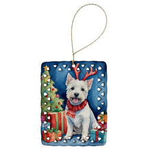 Load image into Gallery viewer, Westie Christmas Reindeer Porcelain Ornament