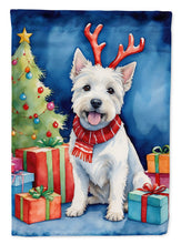 Load image into Gallery viewer, Westie Christmas Garden Flag – Dog in Reindeer Antlers with Tree &amp; Gifts