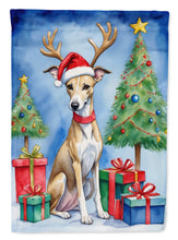 Load image into Gallery viewer, Whippet Christmas Garden Flag – Dog in Reindeer Antlers with Tree &amp; Gifts