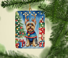 Load image into Gallery viewer, Yorkshire Terrier Yorkie Christmas Reindeer Porcelain Ornament