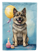 Load image into Gallery viewer, Norwegian Elkhound Happy Birthday Garden Flag – Dog Birthday Cupcake Yard Decor with Balloons