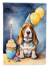 Load image into Gallery viewer, Basset Hound Happy Birthday Garden Flag – Dog Birthday Cupcake Yard Decor with Balloons