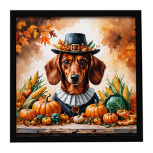 Load image into Gallery viewer, Red Brown Dachshund Thanksgiving Framed Metal Print