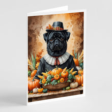 Load image into Gallery viewer, Black Pug Thanksgiving Greeting Cards Pack of 8