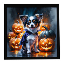 Load image into Gallery viewer, Tricolor Papillon Puppy Halloween Framed Metal Print