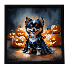 Load image into Gallery viewer, Balck and Tan Pomeranian Puppy Halloween Framed Metal Print