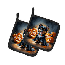 Load image into Gallery viewer, Balck and Tan Pomeranian Puppy Halloween Pair of Pot Holders