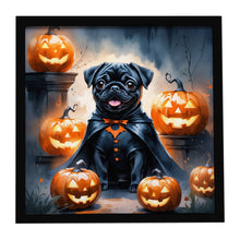 Load image into Gallery viewer, Black Pug Puppy Halloween Framed Metal Print