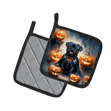 Load image into Gallery viewer, Black Pug Puppy Halloween Pair of Pot Holders