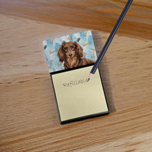 Load image into Gallery viewer, Longhaired Chocolate and Tan Dachshund Coworker Watercolor Sticky Note Holder
