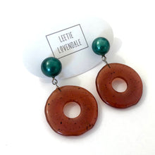 Load image into Gallery viewer, Carnelian Dark Amber &amp; Green Pearl Donut Drop Earrings