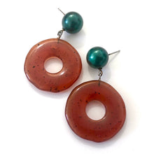 Load image into Gallery viewer, Carnelian Dark Amber &amp; Green Pearl Donut Drop Earrings