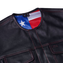 Load image into Gallery viewer, Men's Banded Collar leather Vest with USA Flag Lining &amp; Red Stitching
