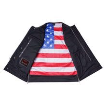 Load image into Gallery viewer, Men's Banded Collar leather Vest with USA Flag Lining &amp; Red Stitching