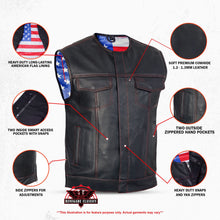 Load image into Gallery viewer, Men's Banded Collar leather Vest with USA Flag Lining &amp; Red Stitching