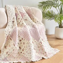 Load image into Gallery viewer, DaDalogy Cotton Patchwork Throw Blanket - Floral Cottage Quilted Reversible Blush Pink &amp; Cream Shabby Chic Botanical Ruffle Design - Vintage Garden Rose Pastel Accents (3031)- 50 x 60