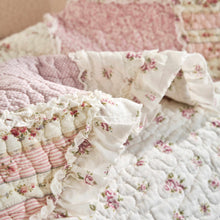 Load image into Gallery viewer, DaDalogy Cotton Patchwork Throw Blanket - Floral Cottage Quilted Reversible Blush Pink &amp; Cream Shabby Chic Botanical Ruffle Design - Vintage Garden Rose Pastel Accents (3031)- 50 x 60