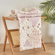 Load image into Gallery viewer, DaDalogy Cotton Patchwork Throw Blanket - Floral Cottage Quilted Reversible Blush Pink &amp; Cream Shabby Chic Botanical Ruffle Design - Vintage Garden Rose Pastel Accents (3031)- 50 x 60