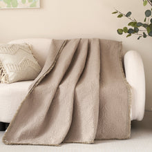 Load image into Gallery viewer, DaDa Bedding Elegant Fringed Cotton Quilted Throw Blanket - Luxurious Solid Soft Paisley Pattern, Cozy Lightweight Lap Throw, Perfect for Couch or Bed, Neutral Sandy Taupe Tan Beige, 50x60 Inches