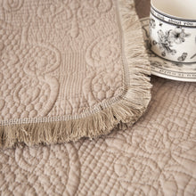 Load image into Gallery viewer, DaDa Bedding Elegant Fringed Cotton Quilted Throw Blanket - Luxurious Solid Soft Paisley Pattern, Cozy Lightweight Lap Throw, Perfect for Couch or Bed, Neutral Sandy Taupe Tan Beige, 50x60 Inches