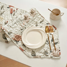 Load image into Gallery viewer, DaDalogy Enchanted Meadow Reversible Dinner Table Runner - Floral Elegance in Beige, Rose, and Soft Olive Green, Premium Soft Microfiber Quilted Table Runner